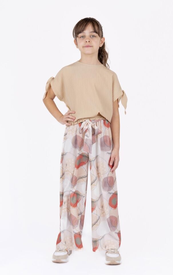 KIZ ÇOCUK BELİ LASTİKLİ KOL BAĞLAMA DETAYLI BLUZ