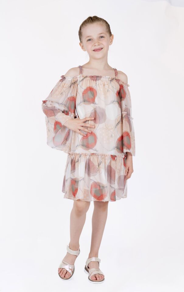 KIZ ÇOCUK DESENLİ KAYIK YAKA ELBİSE