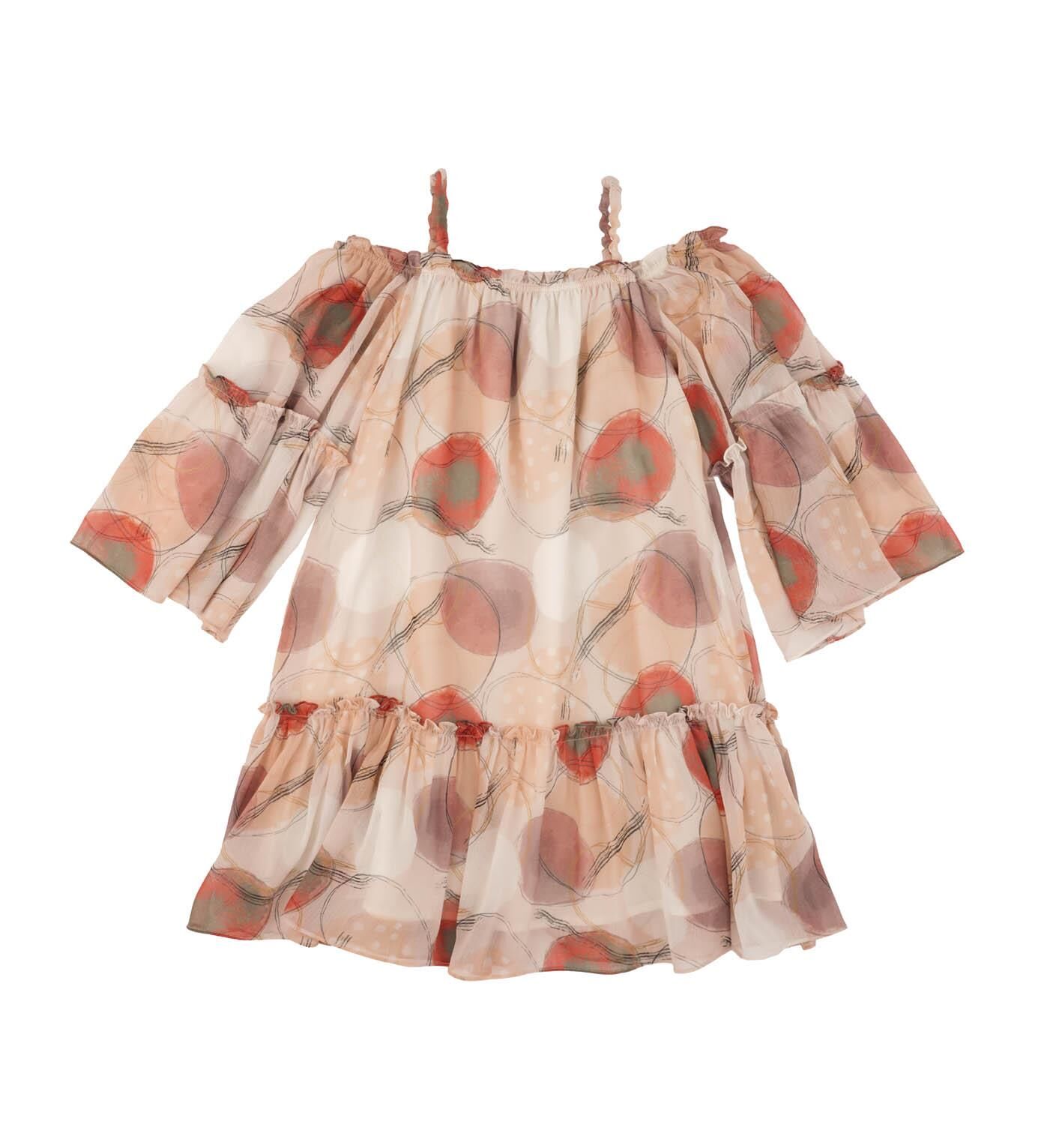 KIZ ÇOCUK DESENLİ KAYIK YAKA ELBİSE