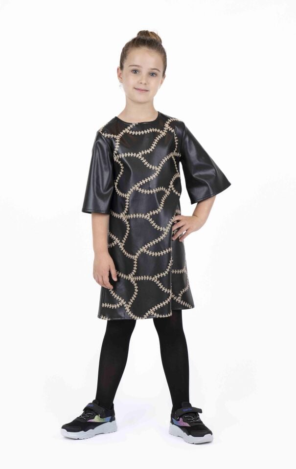 KIZ ÇOCUK DERİ İŞLEMELİ ELBİSE
